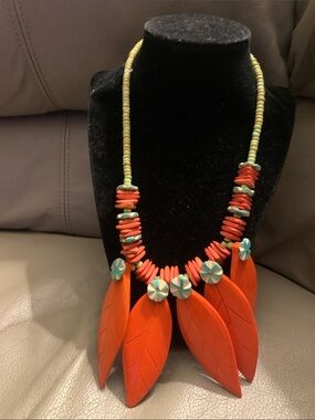 Vintage Beaded Leaf Necklace Orange and Green